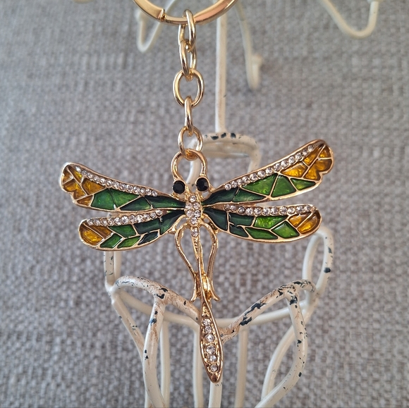 Dragonfly Purse Charm Keychain with Green and Yellow Accents - Picture 2 of 4